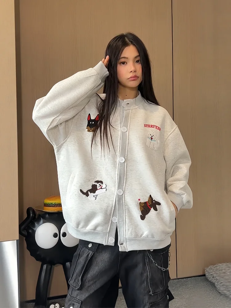 

Мужской осенний кардиган-свитшот American Sle Fun Dog с вышивкой, повседневная куртка, бейсбольная куртка для пар