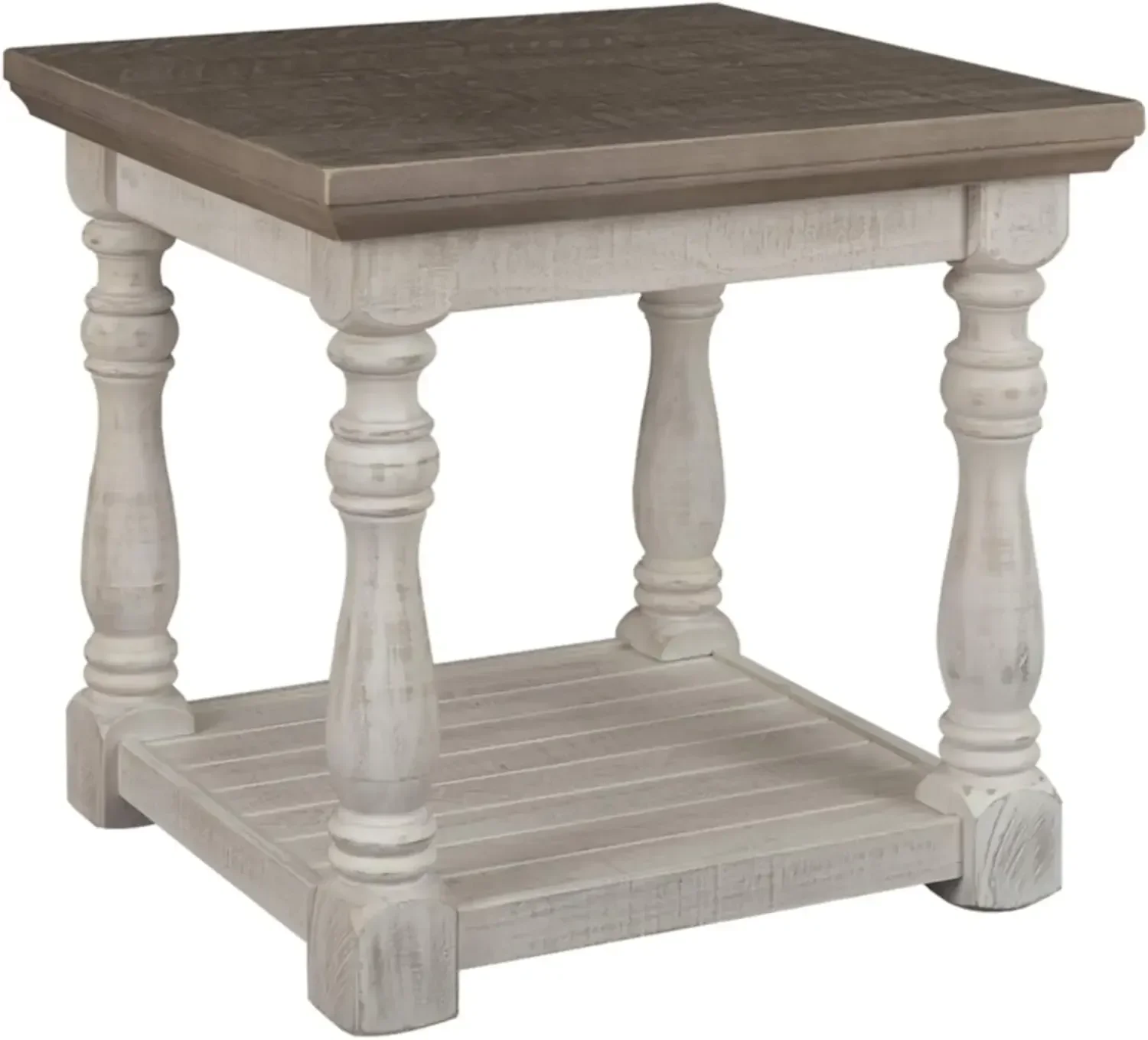 Design by Ashley Havalance Farmhouse Square End Table with Floor Shelf, Vintage Gray & White with Weathered Finish