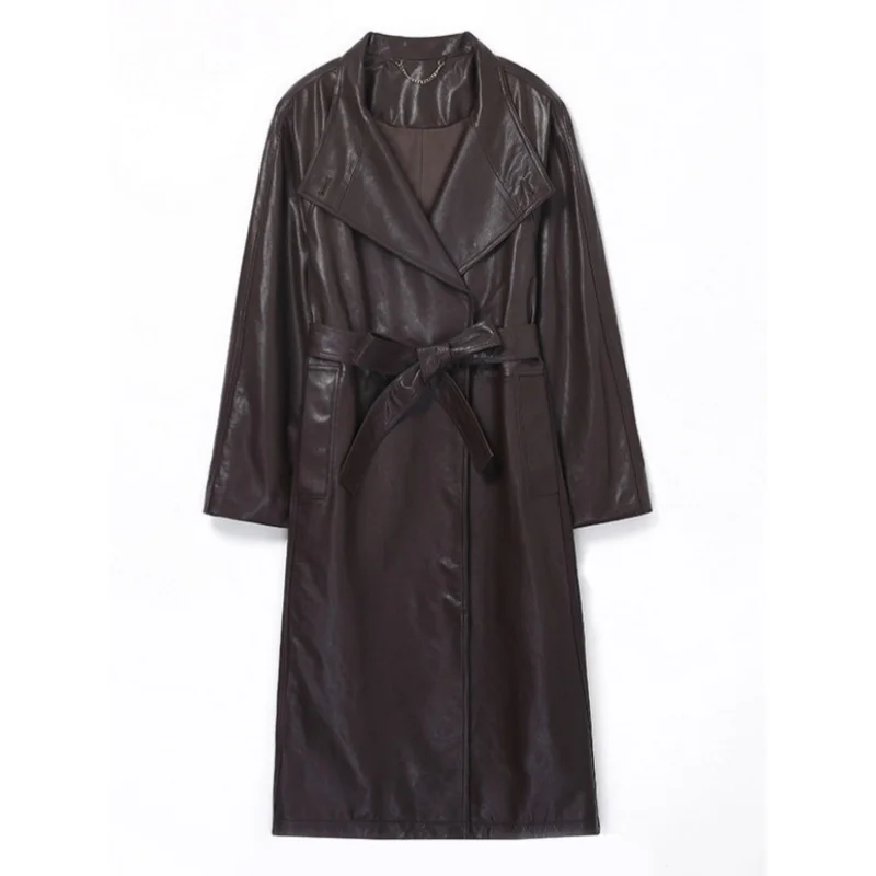 Jaqueta de couro genuíno, pele de carneiro curtida semi-vegetais, gola alta, patchwork, silhueta reparada, com cinto, ajuste solto