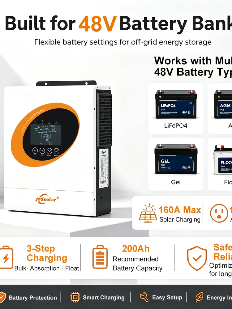 Jsdsolar 12KW 48V Hybrydowy Inwerter Solarny 230V Czysta Sinusoida MPPT Inwertery Solarny 500VDC Wbudowany Ładowarka Solarna MPPT 160A Podwójne Wejście PV z WiFi Inwerter Bezszumowy do Domowych Paneli — 2