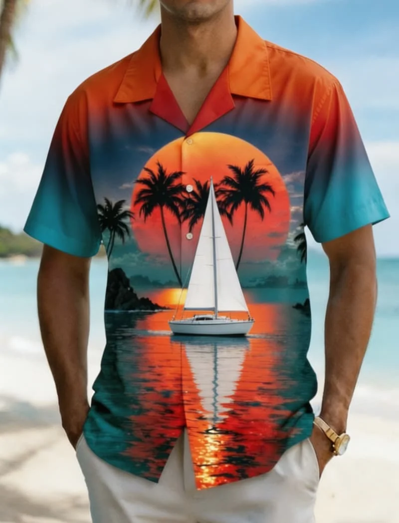 

Мужская рубашка с принтом «Артистичный закат на яхте», модная повседневная одежда для летнего отдыха, пляжных поездок и активного отдыха на природе