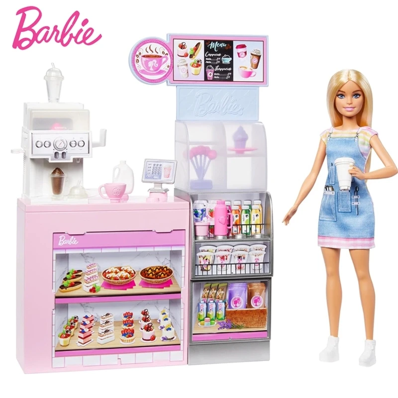Barbie boneca cafeteria jogar conjunto crianças profissional barista experiência rico acessórios diy bebidas brinquedo meninas presente de natal