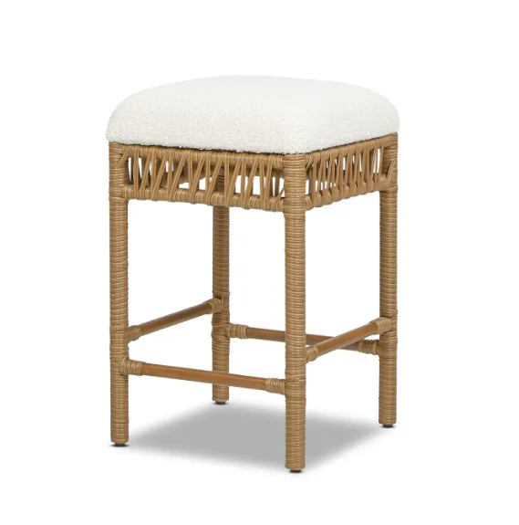 

Lucia 25.5" Backless Upholstered Counter Stool with Resin Rattan Frame, Ivory White Bouclé