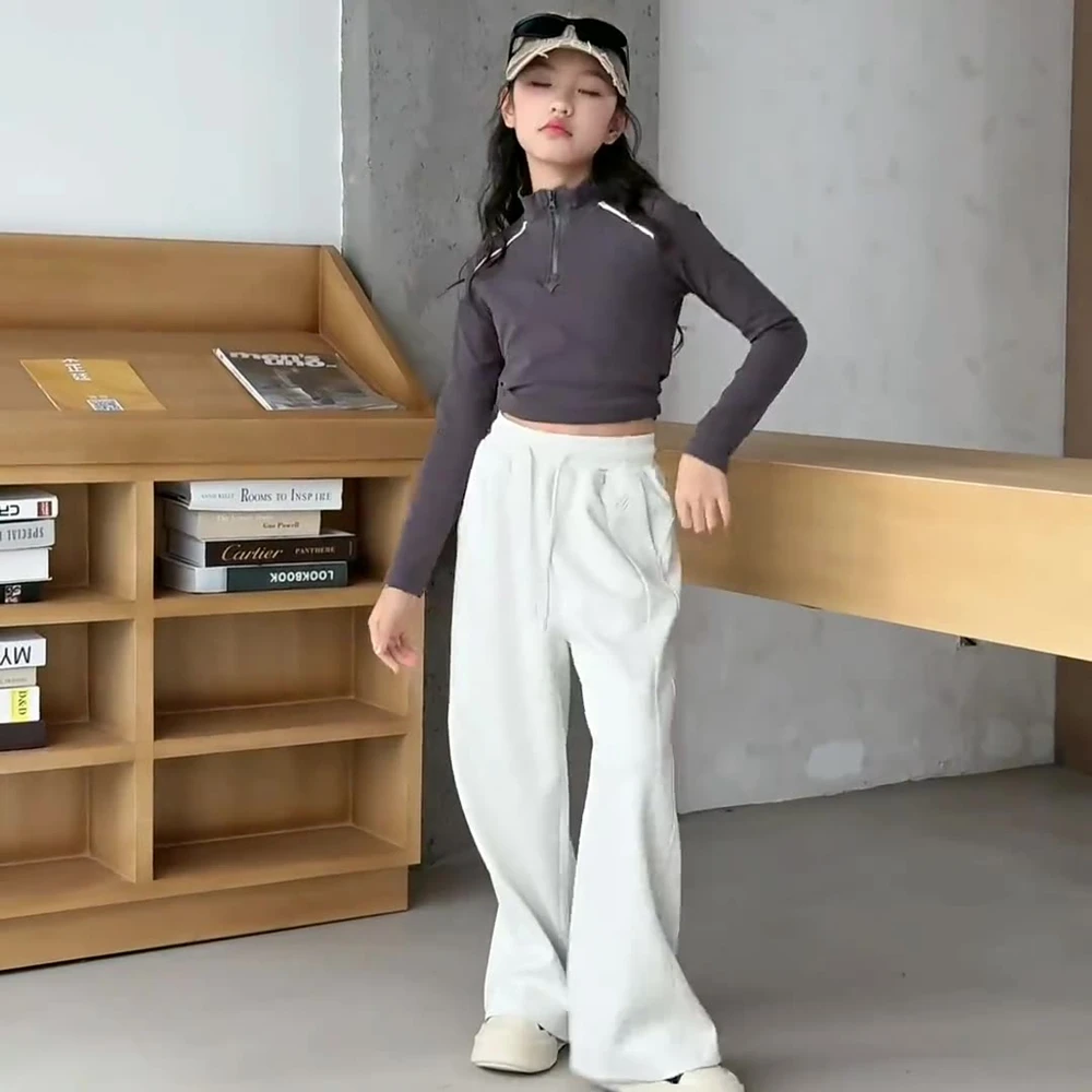 Teen Girls Casual Straight-leg Pants,Flowy and Loose, Suitable for School Daily Wear Side-seamed Color-blocked Wide-leg Pants