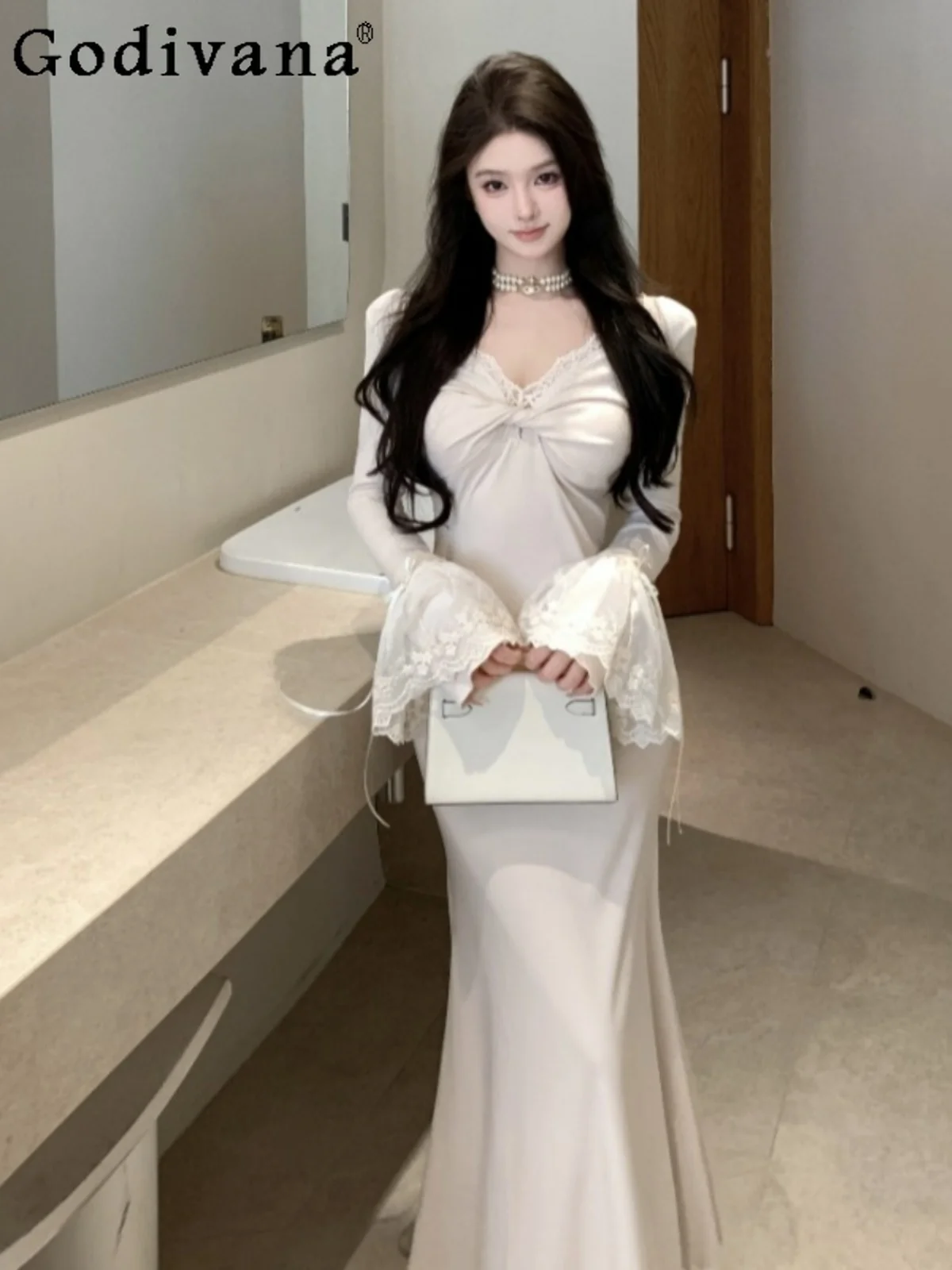 

Spring Autumn French Temperament Sexy V-neck Lace Fishtail Dresses Elegant Girl Long Sleeves High Waist Slim Fashion Party Dress