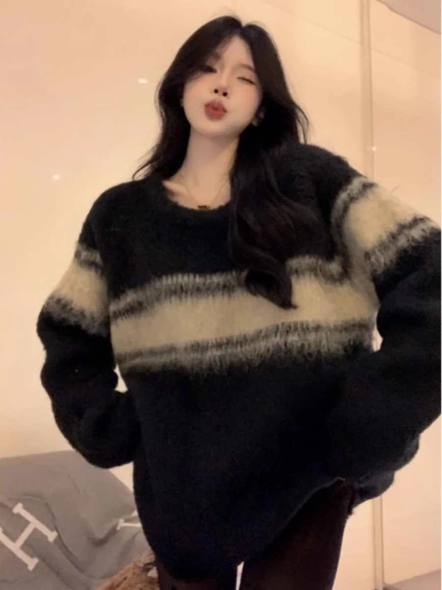 부드럽고 아늑한 한국 스타일 레이지 스웨터 여성용 가을 겨울 루즈핏 빈티지 스트라이프 니트 탑 편안한 로우 라운드넥 긴팔