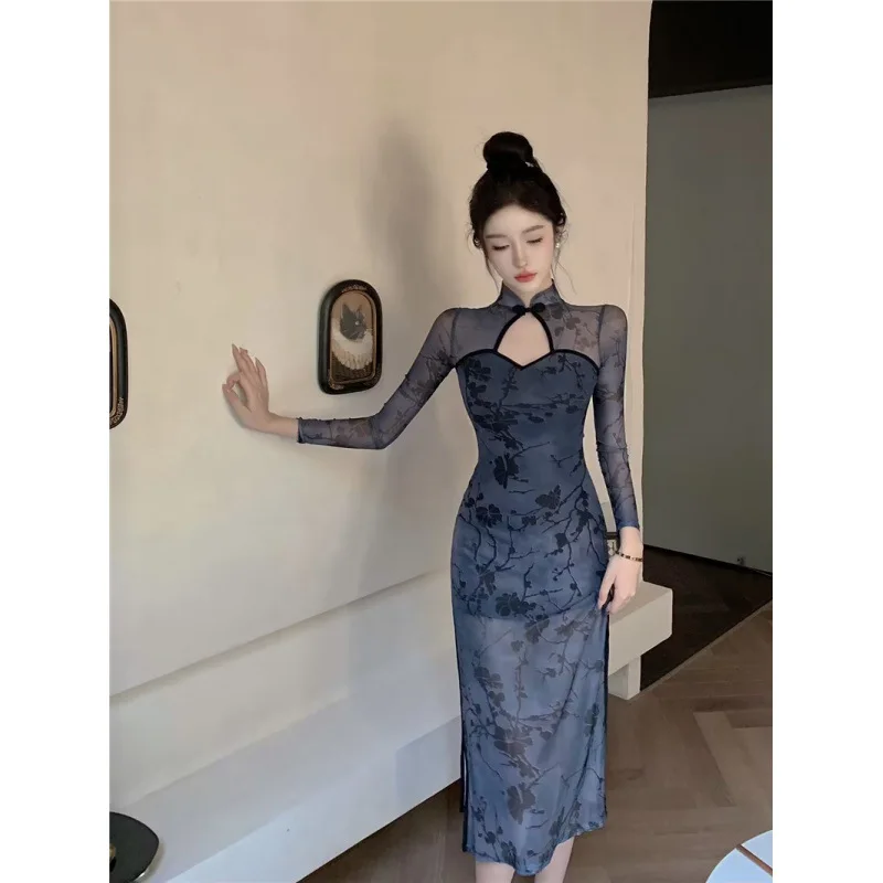 Chinese Style Vintage Dress Hollow Out Print Slim Slit Sexy Pencil Women's Elegant Dresses Autumn and Winter New Long Dresses