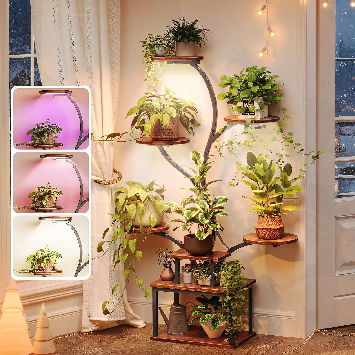 

51" Tall 8-Tier Plant Stand with Grow Lights, Full Spectrum LED, 3 Light Modes, Timer, Rustic Brown