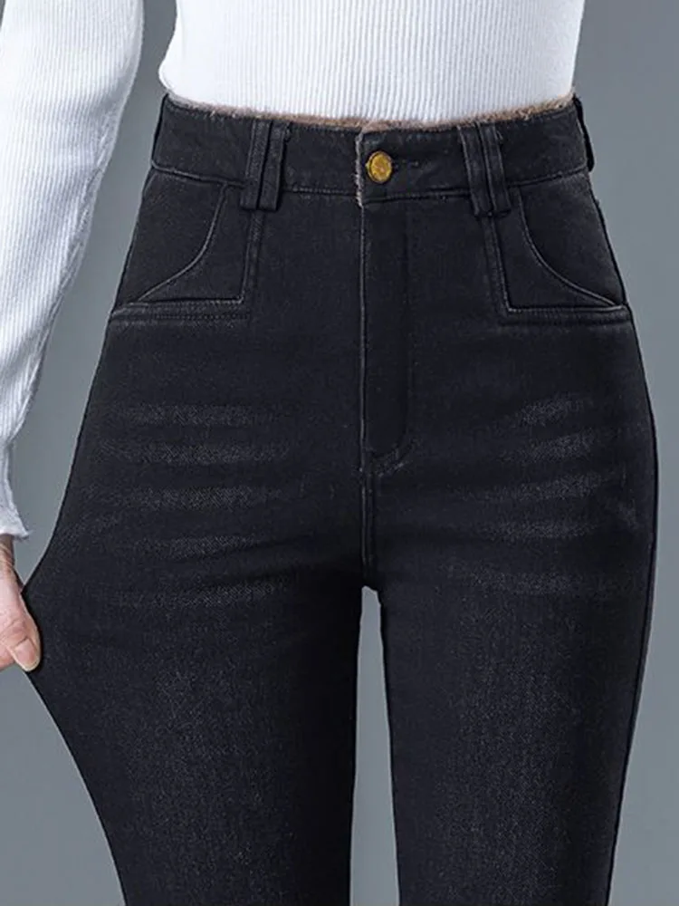 겨울용 따뜻한 스키니 펜슬 진 한국 패션 하이웨이스트 플리스 안감 데님 팬츠 여성 캐주얼 빈티지 스트레치 솔리드 바케로스
