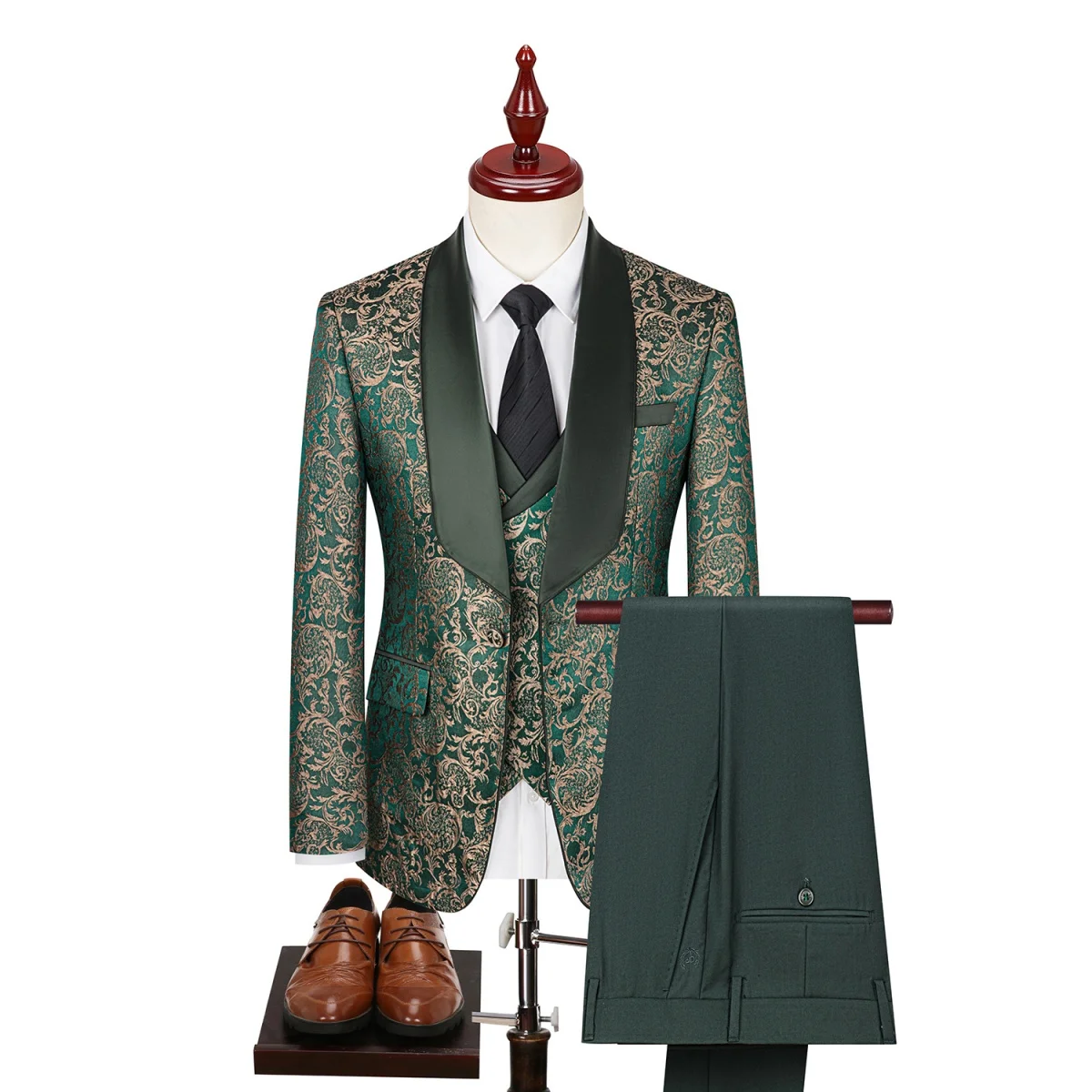 Embroidered Green Men Suit 3 Pieces Paisley Blazer Jacket Striped With Lapel For Wedding Banquet Work Business Tuxedo Set