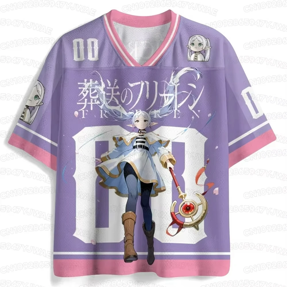 Summer Men's Women's Frieren 3D Print Jersey Y2K V-neck Short Sleeve T-shirt Anime Streetwear Cosplay Sport Top