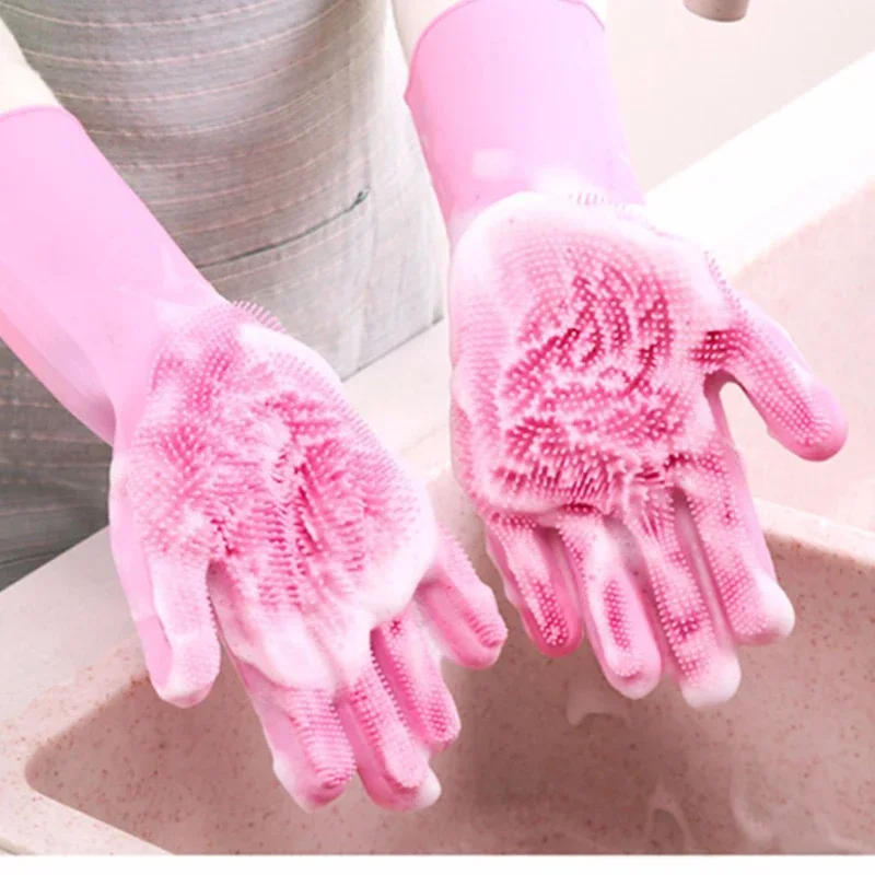 1 Pair Reusable Dishwashing Gloves Silicone Household Sponge Scrubber Durable Portable Kitchen Dishwashing Cleaning Gloves