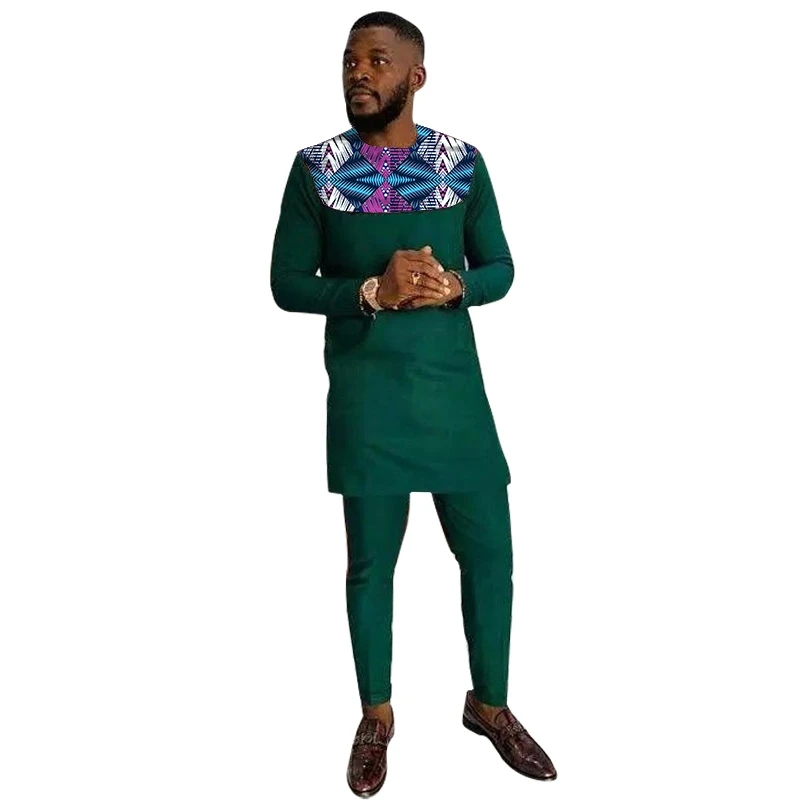 Blackish Green Patchwork Tops With Pants Cotton Sets Men's Print Male Nigeria Outfits Custom Made African Wedding Party Suit