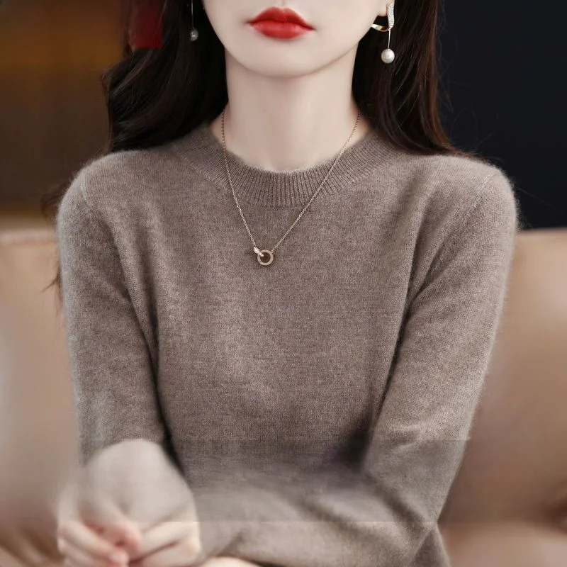 

Autumn Winter Women's Cashmere Sweater Short Low round Neck Loose Thickened Knitted Wool Blend Base Layer Shirt