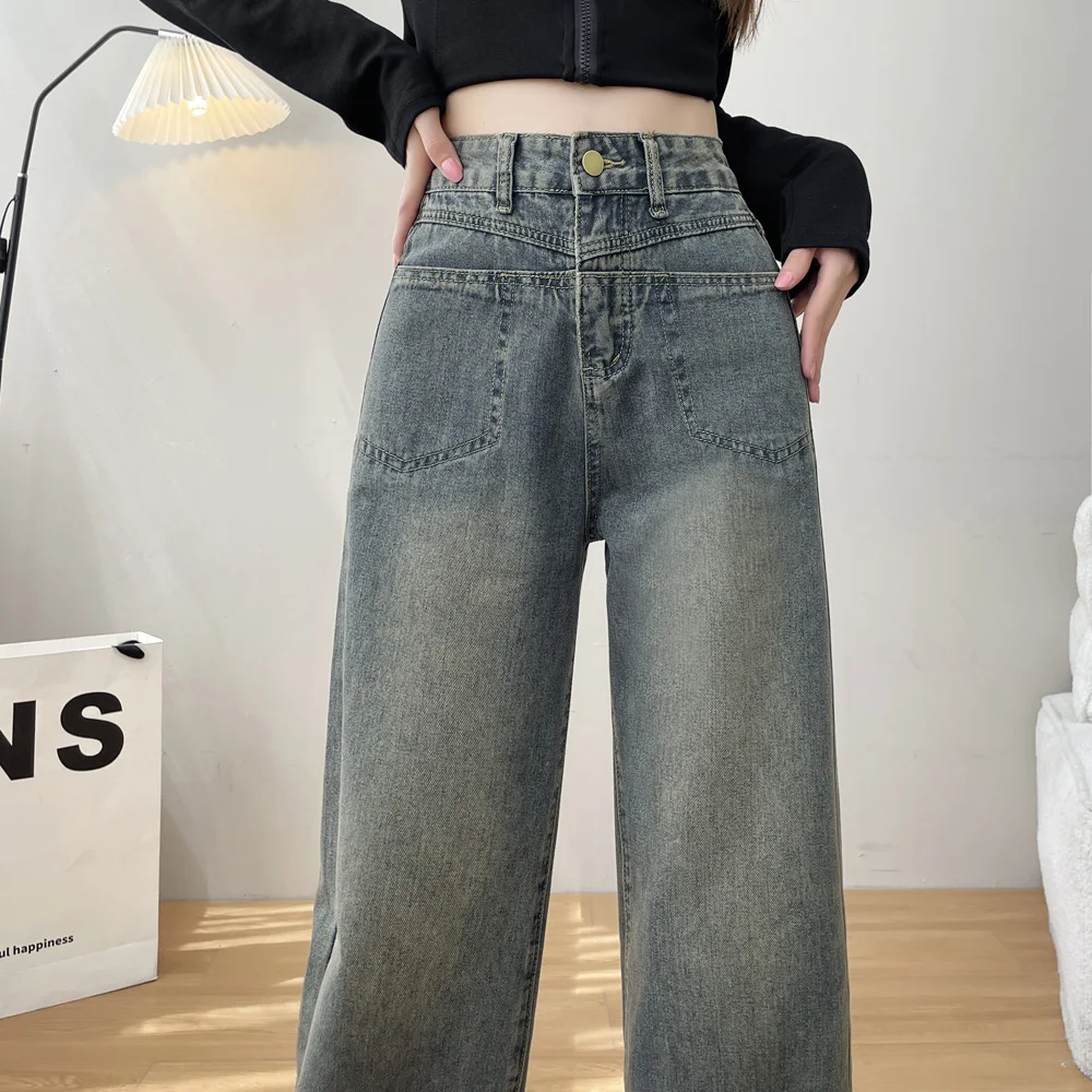 High Rise Waist Wide Legged Denim Pants For Female Autumn Winter Loose Straight Slimming Long Fleece-lined Jeans For Women