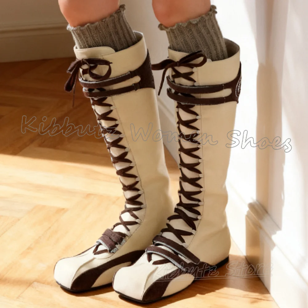 

Patchwork Knee High Boots Suede Sneaker Lace-Up Leather Novelty Fashion Luxury Elegant Concise Sexy Square Toe Flat with Shoes