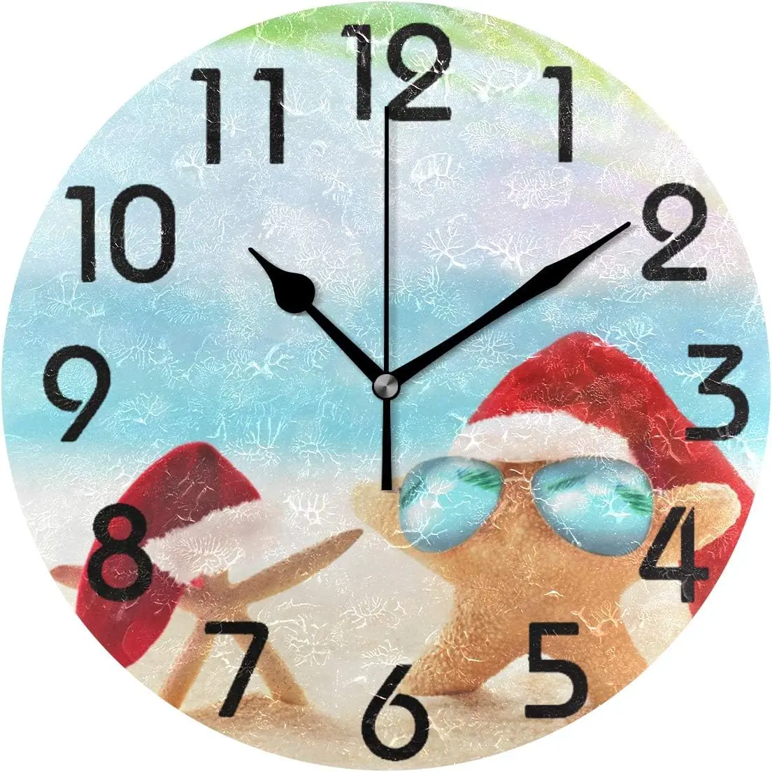 3D Tropical Summer Beach Starfish in Santa Hat Christmas Round Wall Clock, 9.5 Inch Battery Operated Quartz Analog Quiet