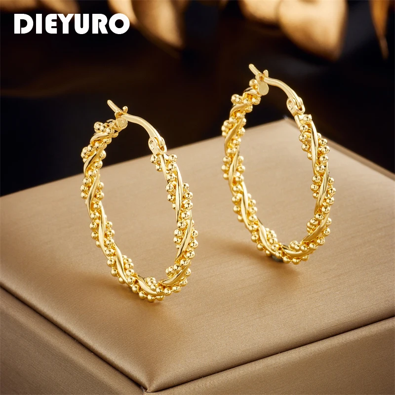 DIEYURO 316L Stainless Steel Gold Color Twist Circles Hoop Earrings For Women New Fashion Girls Ear Buckle Jewelry Gifts Bijoux