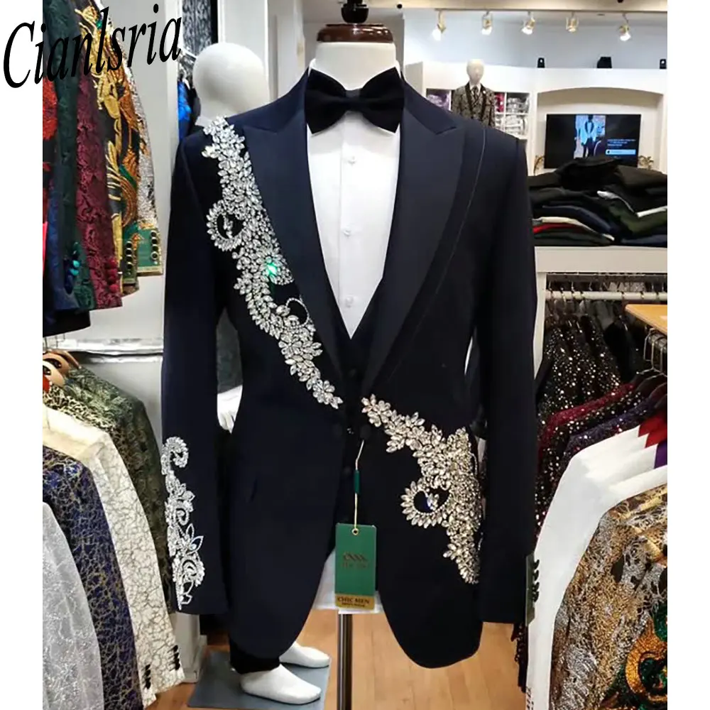 Men's Black Double Breasted Suit with Silver Rhinestone Beaded Floral Applique and Peak Lapel Slim Fit Tuxedo for Wedding Party