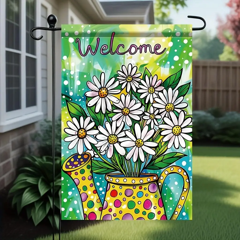 Welcome Garden Flag 12x18 Inch Double Sided Outdoor Yard Banner Colorful Daisy Flowers in Polka Dot Watering Can for Spring jjp