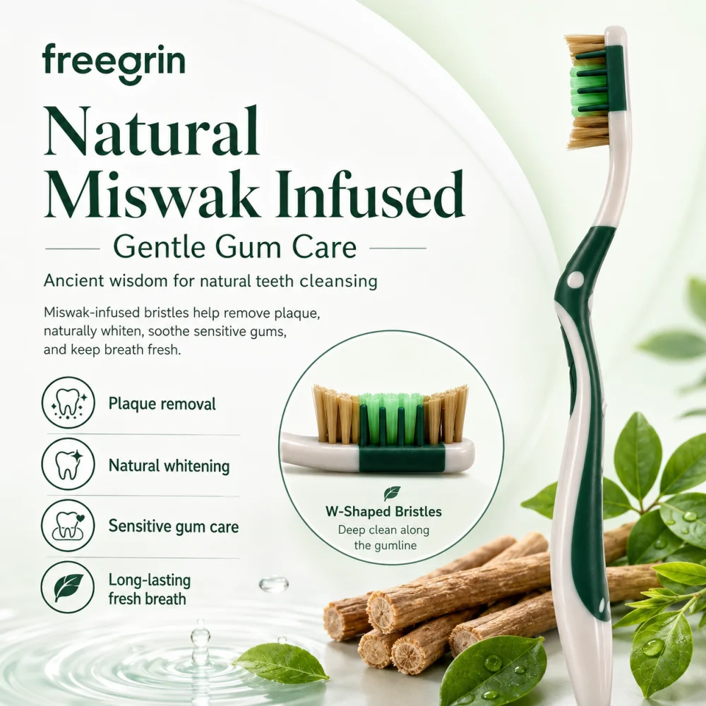 FREEGRIN Miswak 3Pcs Adult Soft Bristle Toothbrush Castor Oil Bristles With Natural Siwak Extract Good For Gum Manual Toothbrush