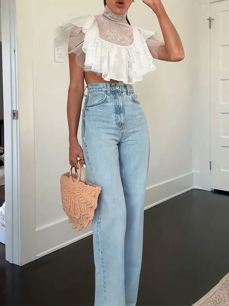 Elegant Lady Pure Color Flying Sleeve Tops Sexy Mesh See-through Commute Women Vest Fashion Turtleneck Lace Hollow Out Crop Tops