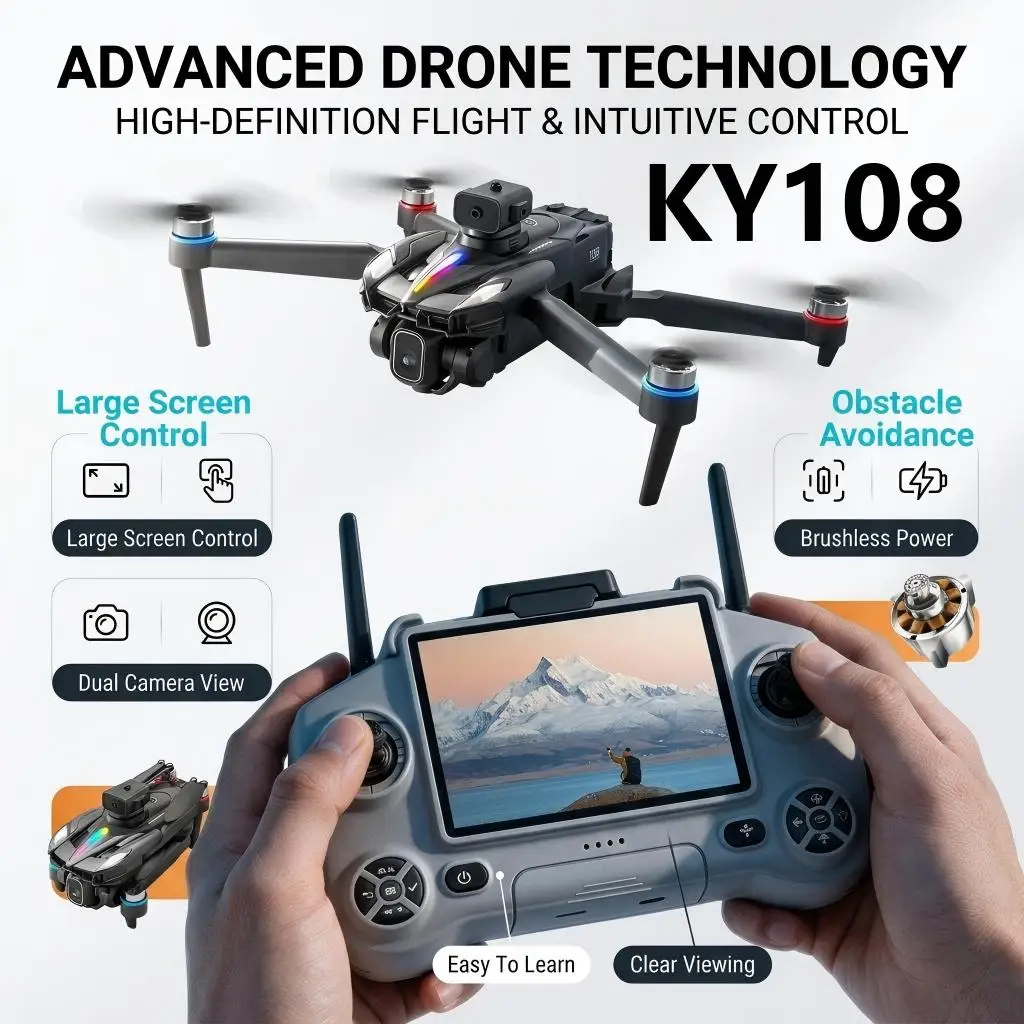 KY108 Drone 8K HD Dual Camera Brushless Optical Flow Obstacle Avoidance Foldable Quadcopter UAV Trajectory Finger Drawing Toys