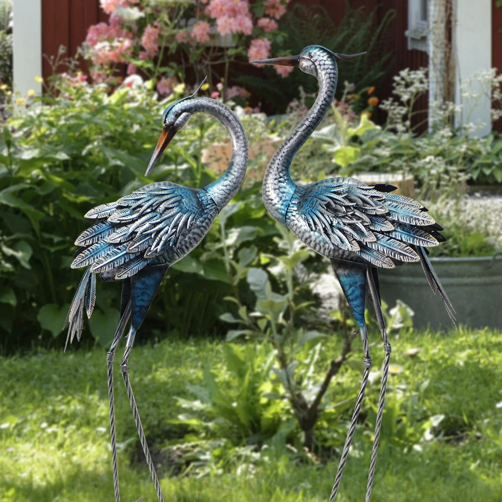 Blue Heron Rustic Metal Garden Crane Statues - Standing Sculptures with Country Style, Outdoor Lawn Yard Backyard Decor