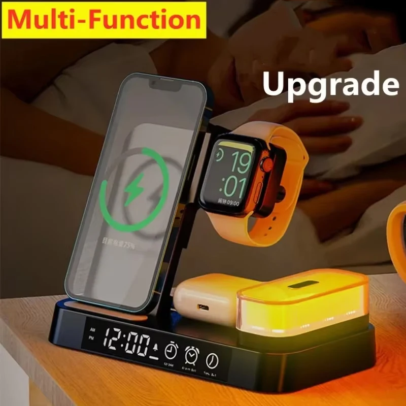 

Многофункциональная зарядная станция 3-в-1: беспроводное зарядное устройство, подставка, будильник, ночник, док-станция для iPhone, Samsung Galaxy Watch, iWatch