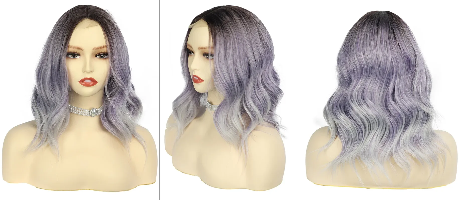 New Sexy 5Color Short Middle grey & Purple Brown Part Ombre Wavy small Lace Women's Cosplay Party Synthetic hair wigs