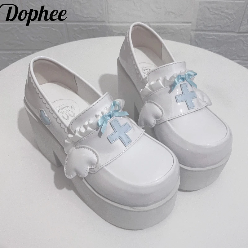 

Dophee Original Subculture Women Thick- Soled Shoes Deep-mouth Round-headed Platform Shoes Cross Wings Ribbon Bow Loafers Shoes