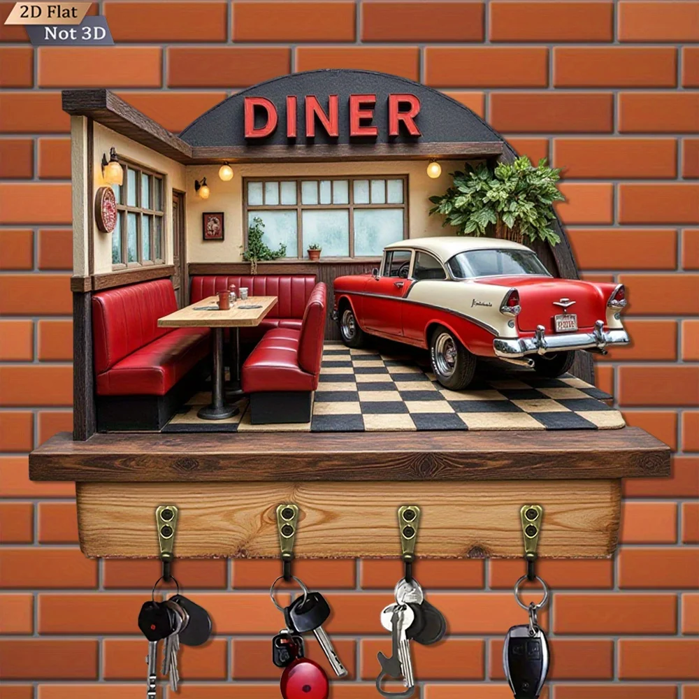 Perchero de Pared 2D, 1 Pieza, Estilo Retro de Diner Americano, Multifuncional, de Madera, con Cuatro Ganchos Metálicos
