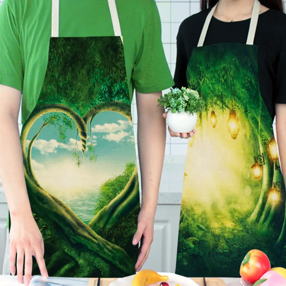 Jungle Arbor Woods Moon Green Printed Kitchen Cooking Baking Aprons Canvas Sleeveless For Women Man Kids Home Delantal Cocina