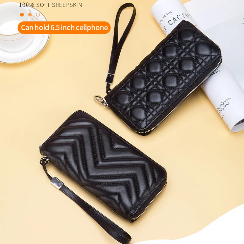 Genuine Leather RFID Long Wallet Phone Bag Sheepskin Coin Purse Key Lipstick Case Pouch ID Card Holder Women Clutch Handbag