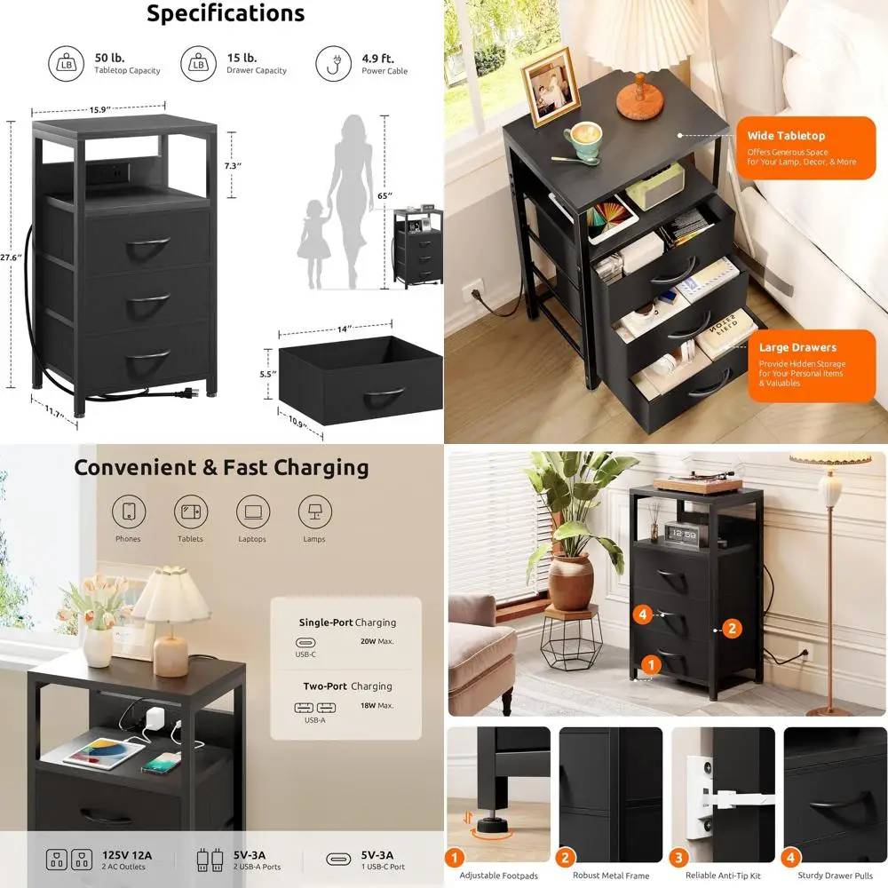 

Modern Black Charging Nightstand with Fabric Drawers and USB-C Port for Bedroom and Dorm
