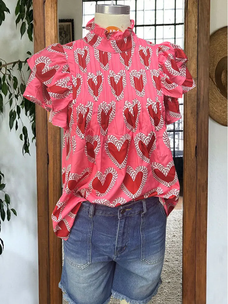 Heart Pleated Ruffle Sleeve Top Valentine's Day Printed Blouse Beautiful Pleated Top O Neck Shirt