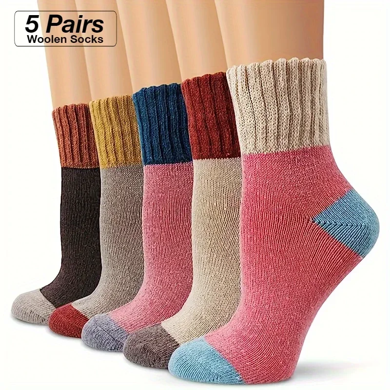 5 Pairs Women Vintage Patchwork Thicken Woolen Socks Trendy Comfortable Casual Versatile Fall Winter Warm Outdoor Sports