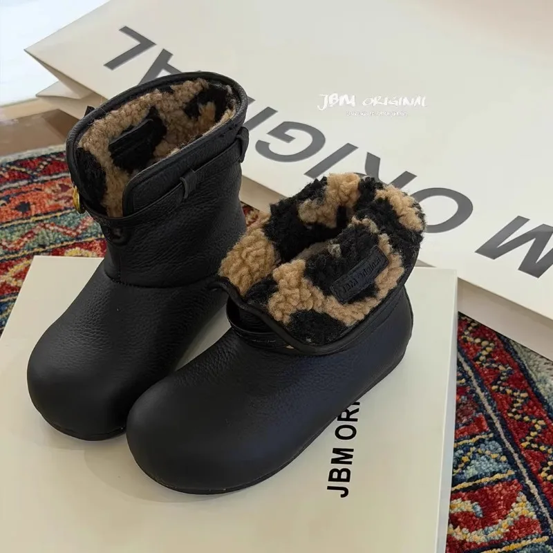 Children's Winter Snow Boots Thick Bottom Fleece Lined Casual Fashion Short Boot One-Touch Cotton Boot Anti-Slip Wear-Resistant