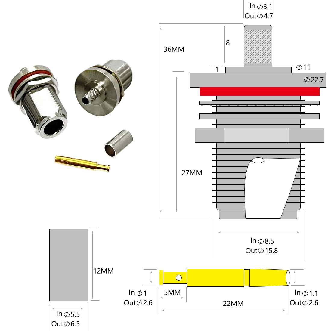 1pc N Female Bulkhead Nut RF Coax Connector Crimp for RG58 RG142 RG400 LMR195 Cable Straight Nickelplated Brass NEW Wholesale