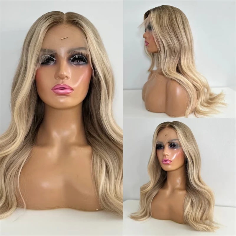

Balayage Ombre Blonde Synthetic HD Lace Front Wig for Women Highlight 150% Density Natural Looking Body Wave with Dark Roots