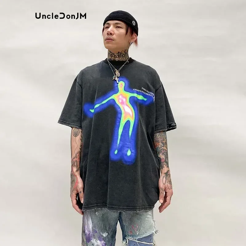 Distorted Portrait Printing Short-Sleeved T-shirt Hip-Hop Summer Streetwear Oversized Retro Men T Shirt