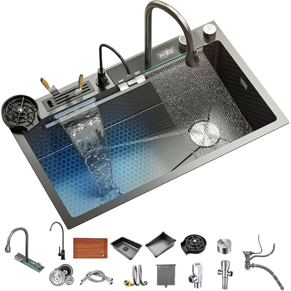 

Кухонная мойка из нержавеющей стали 304, встраиваемая, с одной чашей, с выдвижным смесителем, с подачей воды под давлением для омывания посуды