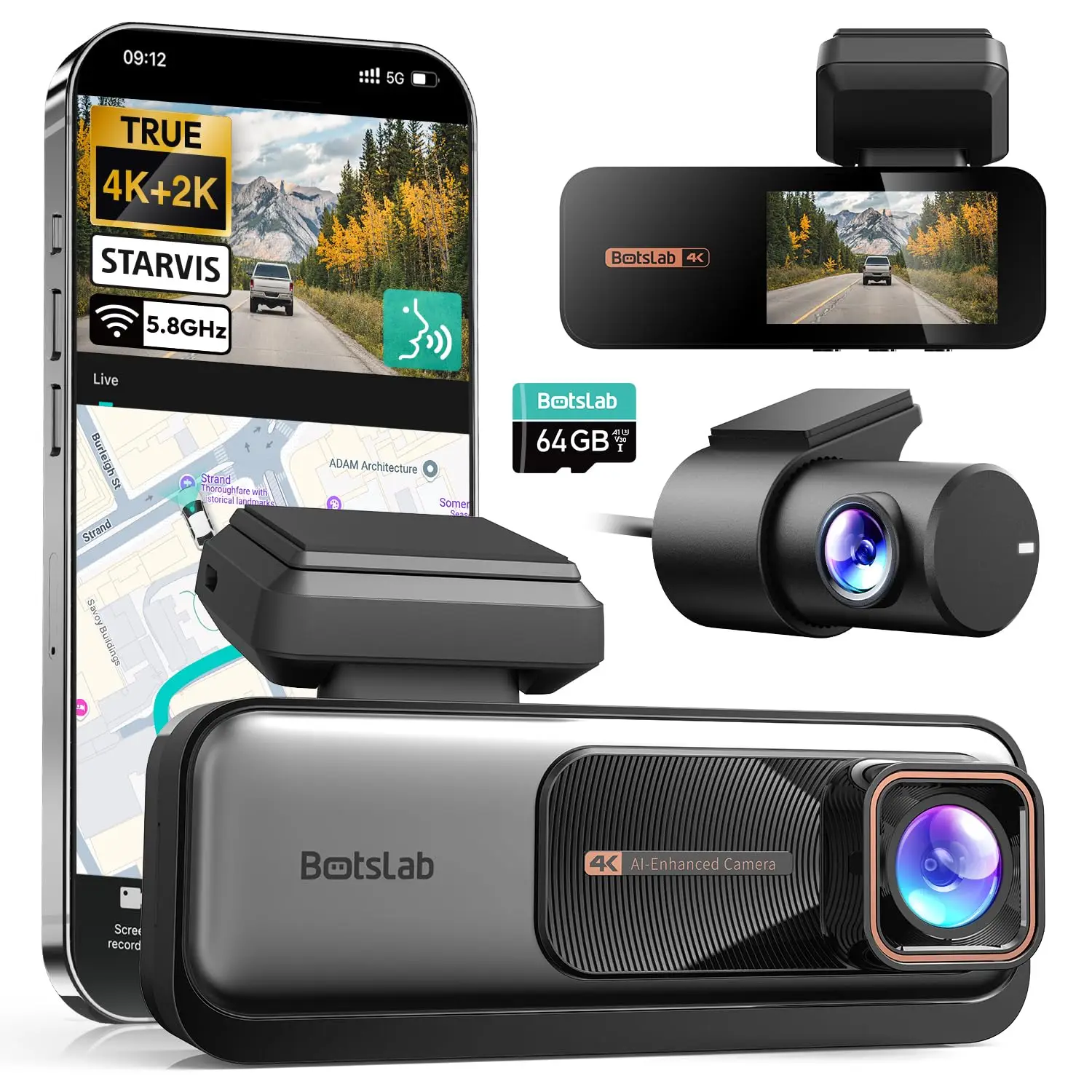 Botslab 4K HD Dash Cam tweekanaals voor en achter, 170 °   Ultrabrede dashcam met ADAS GPS-nachtzicht, 24/7 parkeerlusopname