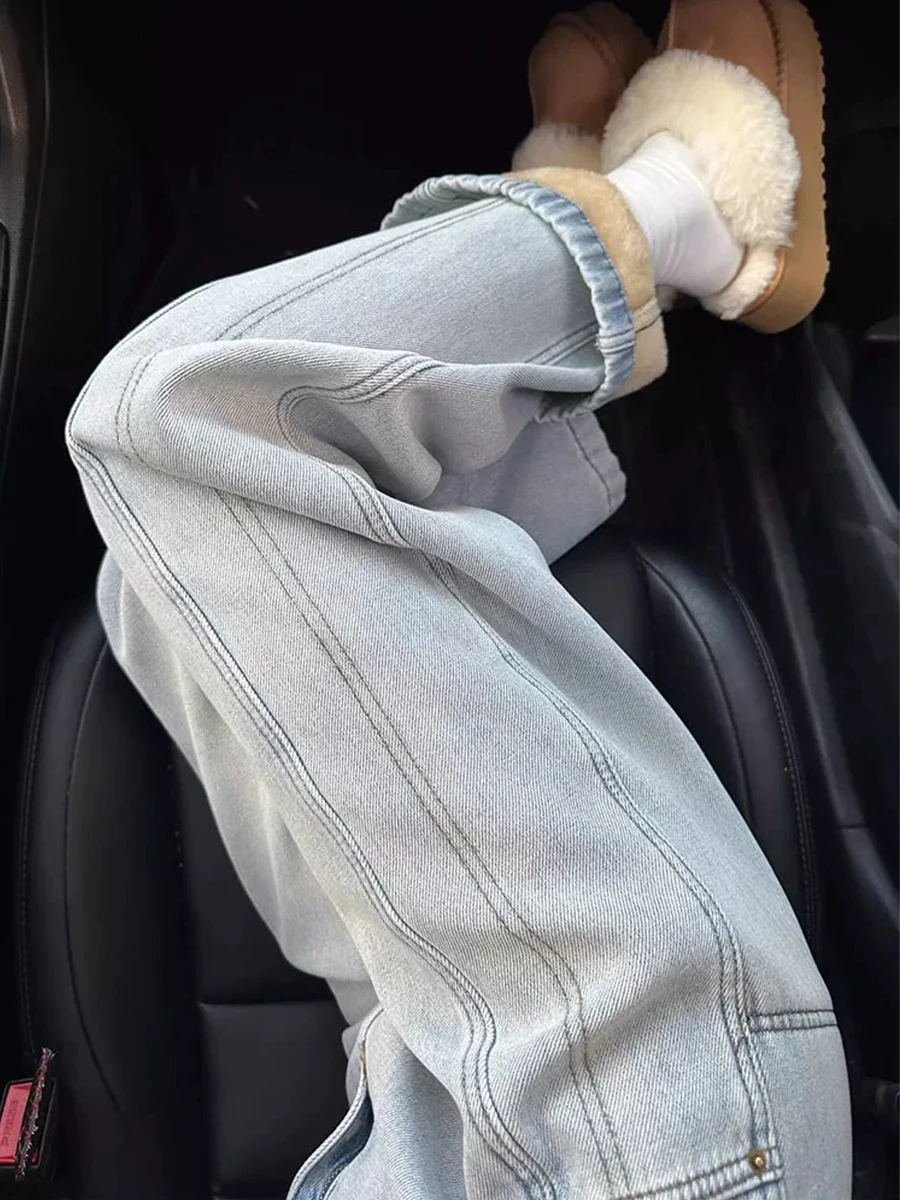 

Джинсы прямого кроя с подкладкой для полных женщин, осенне-зимние, свободные, с высокой талией, широкие штанины, для полных женщин, размеры плюс сайз