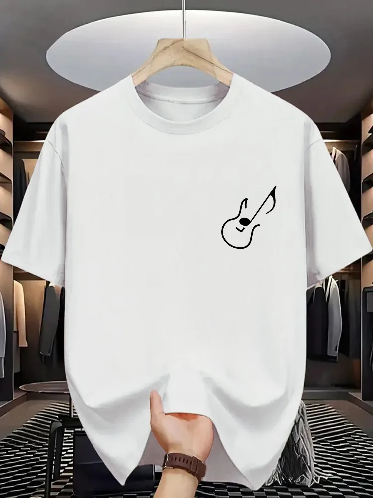 Mens Round Neck Tee Tiny Guitar Note Minimal Chest Print Soft Cotton Simple Music Lover Daily Outdoor Short Sleeve Casual Top