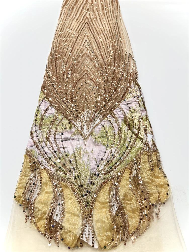 Latest African Sequins Lace Fabric 2026 High Quality Lace Embroidery Beaded Mesh Fabric 5 Yards for Women Party Dress