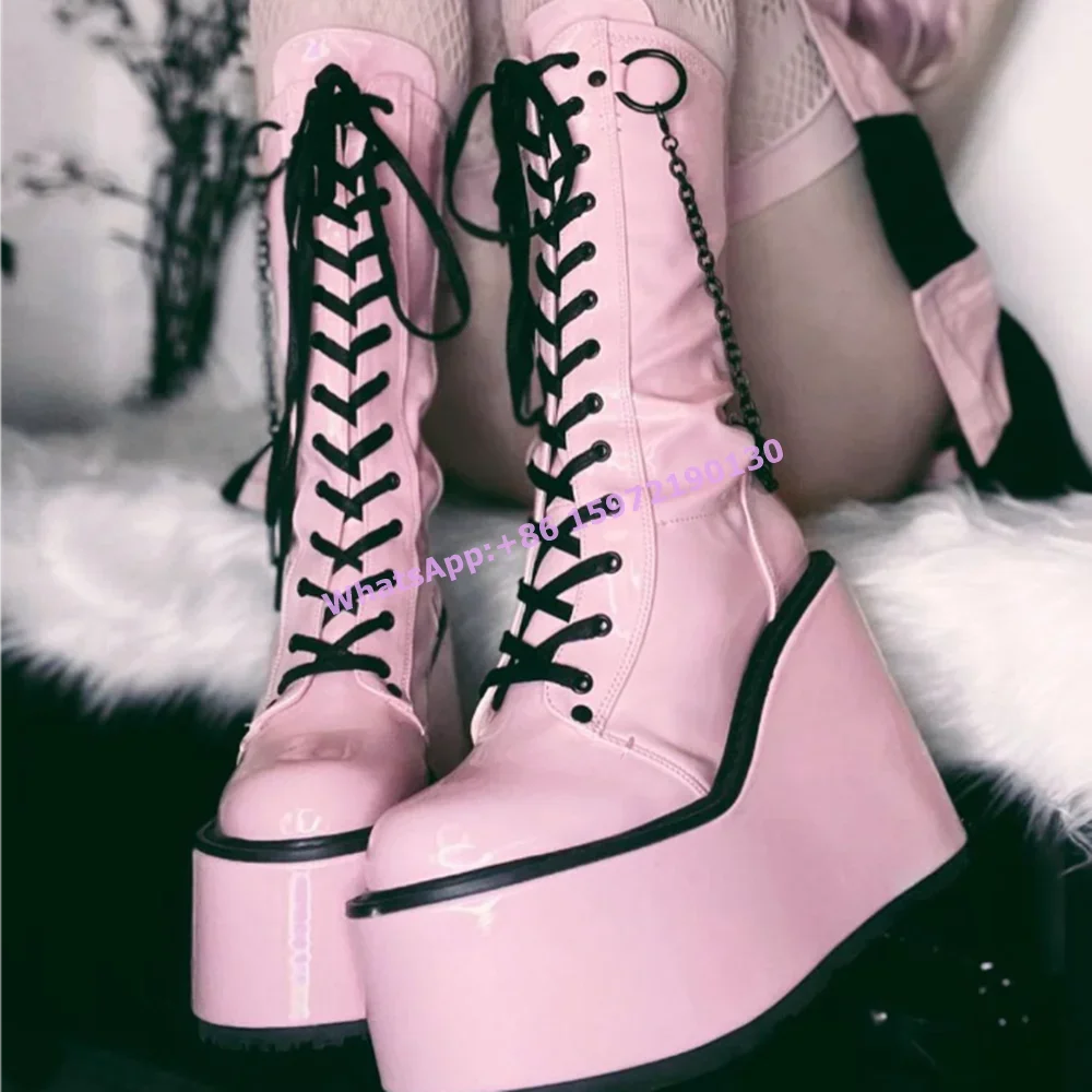 

Metal Chain Platform Long Boots Round Toe Wedges Cross Tied Side Zipper Mid Calf Shoes Pink Black Sewing Hotties Gothic Boots