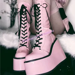 Metal Chain Platform Long Boots Round Toe Wedges Cross Tied Side Zipper Mid Calf Shoes Pink Black Sewing Hotties Gothic Boots