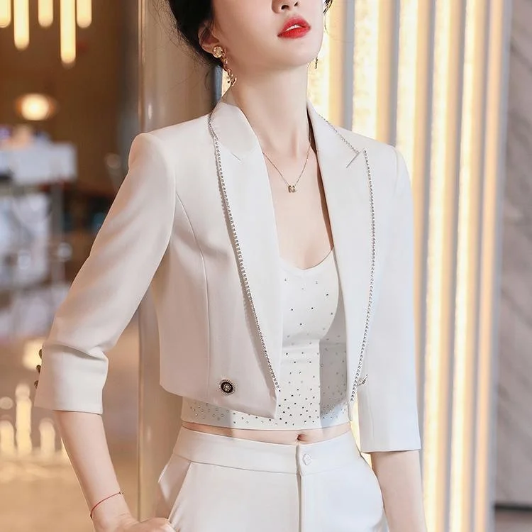 

Short Exposed Navel White Small Suit Jacket Pant Set For Women In Spring And Summer Sexy Fashionable Goddess Two Piece Sets