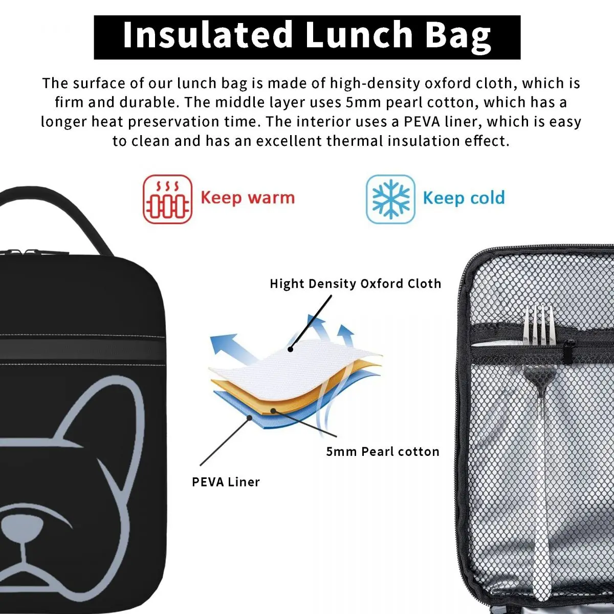 French Bulldog Face Silhouette In Light Gray On Navy Insulated Lunch Bag for Women Children Food Boxes Thermal Lunch Box Tote